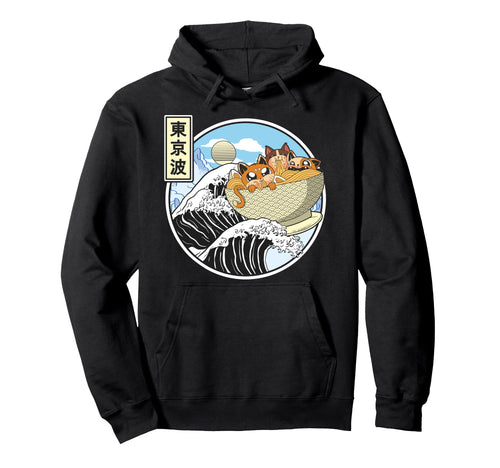 Surfing Cats Eating Ramen Bowl Hoodie - Aesthetic Graphic for Adults - T-Shirt, Sweatshirt, Hoodie