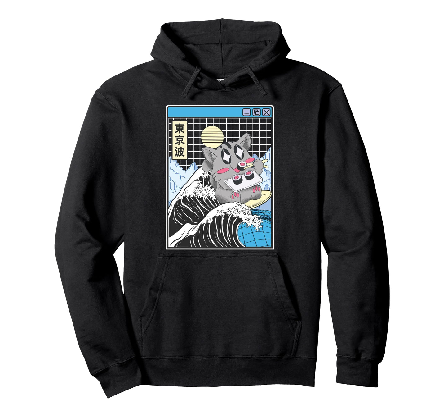Cat Eating Sushi Surfing Kanagawa Wave Hoodie - Trendy Graphic Unisex - T-Shirt, Sweatshirt, Hoodie