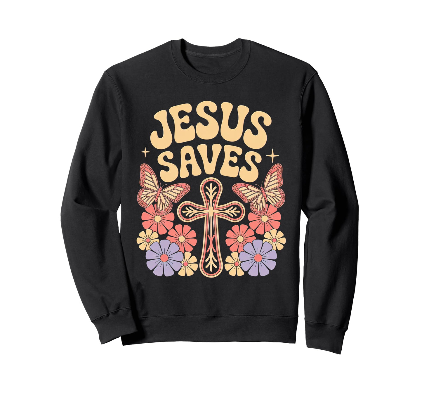Jesus Saves Groovy Cross Sweatshirt - Aesthetic Graphic Men Women - T-Shirt, Sweatshirt, Hoodie