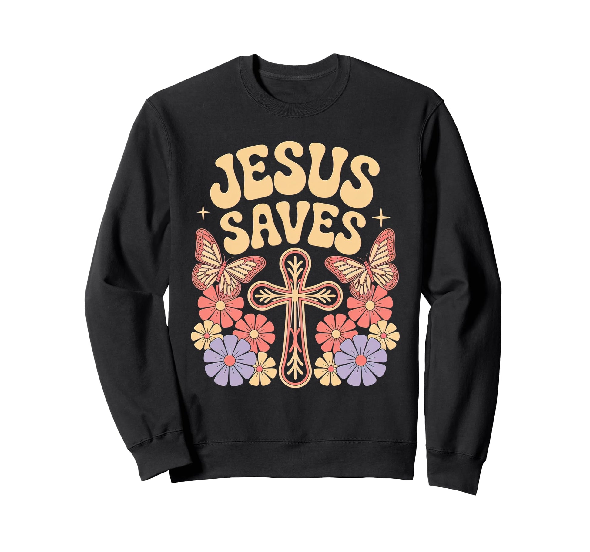 Jesus Saves Groovy Cross Sweatshirt - Aesthetic Graphic Men Women - T-Shirt, Sweatshirt, Hoodie