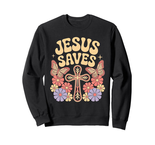 Jesus Saves Groovy Cross Sweatshirt - Aesthetic Graphic Men Women - T-Shirt, Sweatshirt, Hoodie