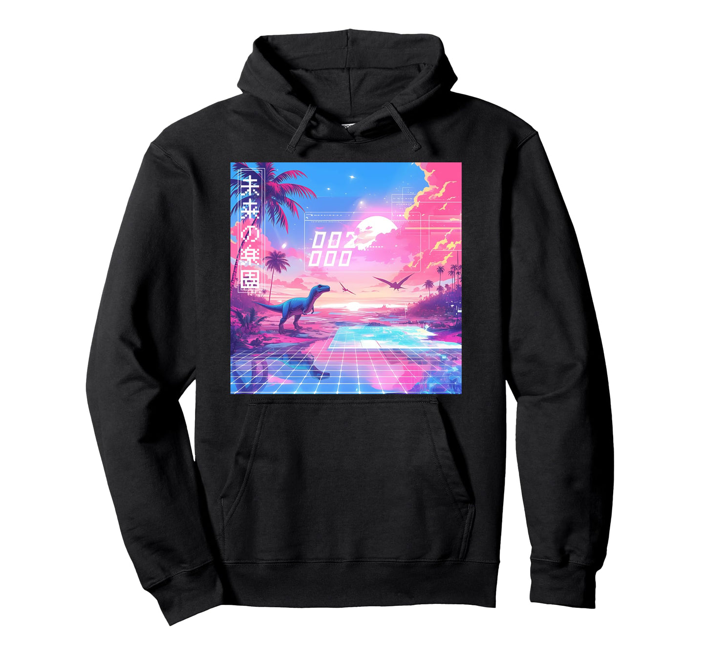 Vaporwave Paradise Virtual Dinosaur Hoodie - Fun Novelty Design for Adults - T-Shirt, Sweatshirt, Hoodie