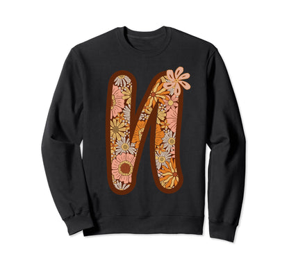 Boho Groovy Floral Letter N Initial Sweatshirt - Novelty Apparel Men Women - T-Shirt, Sweatshirt, Hoodie