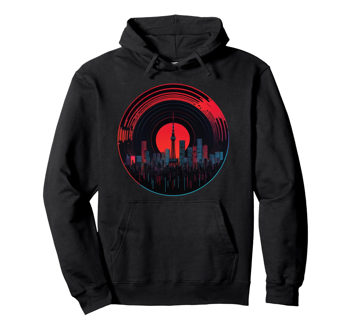 Synthwave Tokyo Skyline Vinyl Record Red Sun Hoodie - Graphic Print Unisex - T-Shirt, Sweatshirt, Hoodie