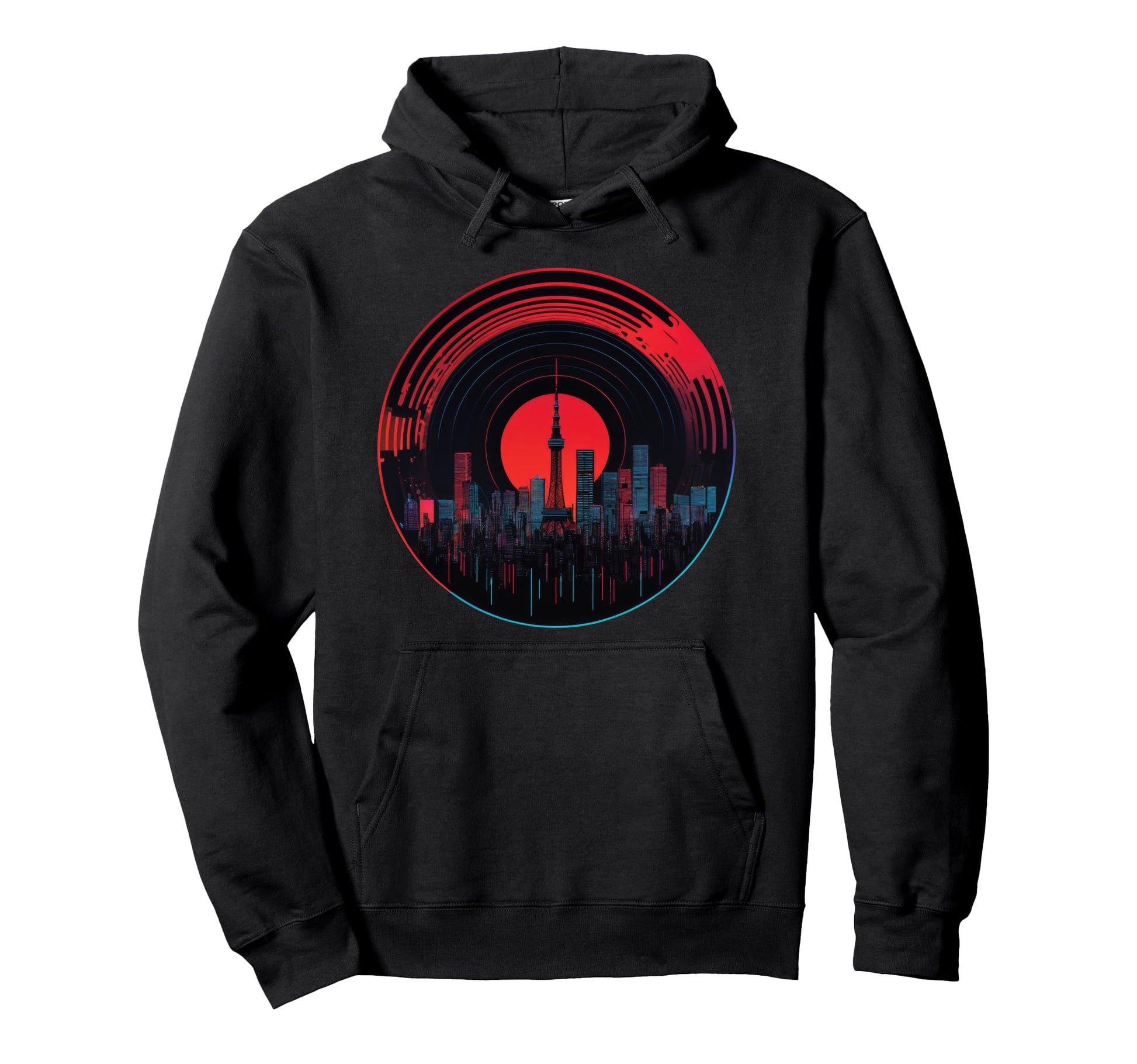 Synthwave Tokyo Skyline Vinyl Record Red Sun Hoodie - Graphic Print Unisex - T-Shirt, Sweatshirt, Hoodie