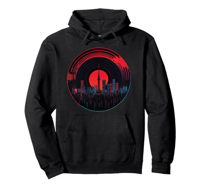 Synthwave Tokyo Skyline Vinyl Record Red Sun Hoodie - Graphic Print Unisex - T-Shirt, Sweatshirt, Hoodie