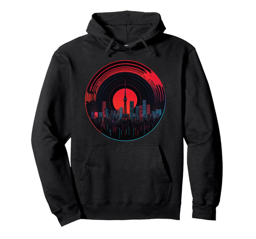 Synthwave Tokyo Skyline Vinyl Record Red Sun Hoodie - Graphic Print Unisex - T-Shirt, Sweatshirt, Hoodie