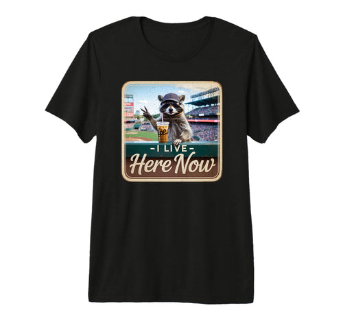I Live Here Now Raccoon Drinking Coffee T-Shirt - Novelty Apparel Unisex - T-Shirt, Sweatshirt, Hoodie