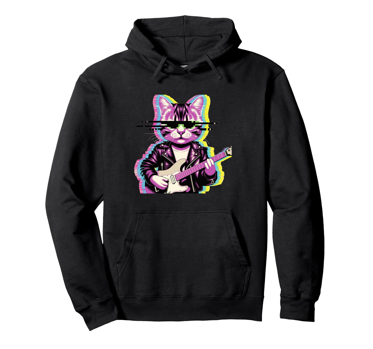 Japanese Vaporwave Cat Playing Guitar Hoodie - Custom Art Print Unisex - T-Shirt, Sweatshirt, Hoodie