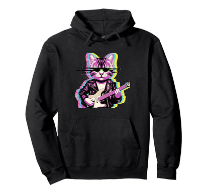 Japanese Vaporwave Cat Playing Guitar Hoodie - Custom Art Print Unisex - T-Shirt, Sweatshirt, Hoodie