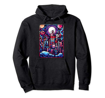 Geometric Stained Glass Vaporwave City Hoodie - Streetwear Style Unisex - T-Shirt, Sweatshirt, Hoodie