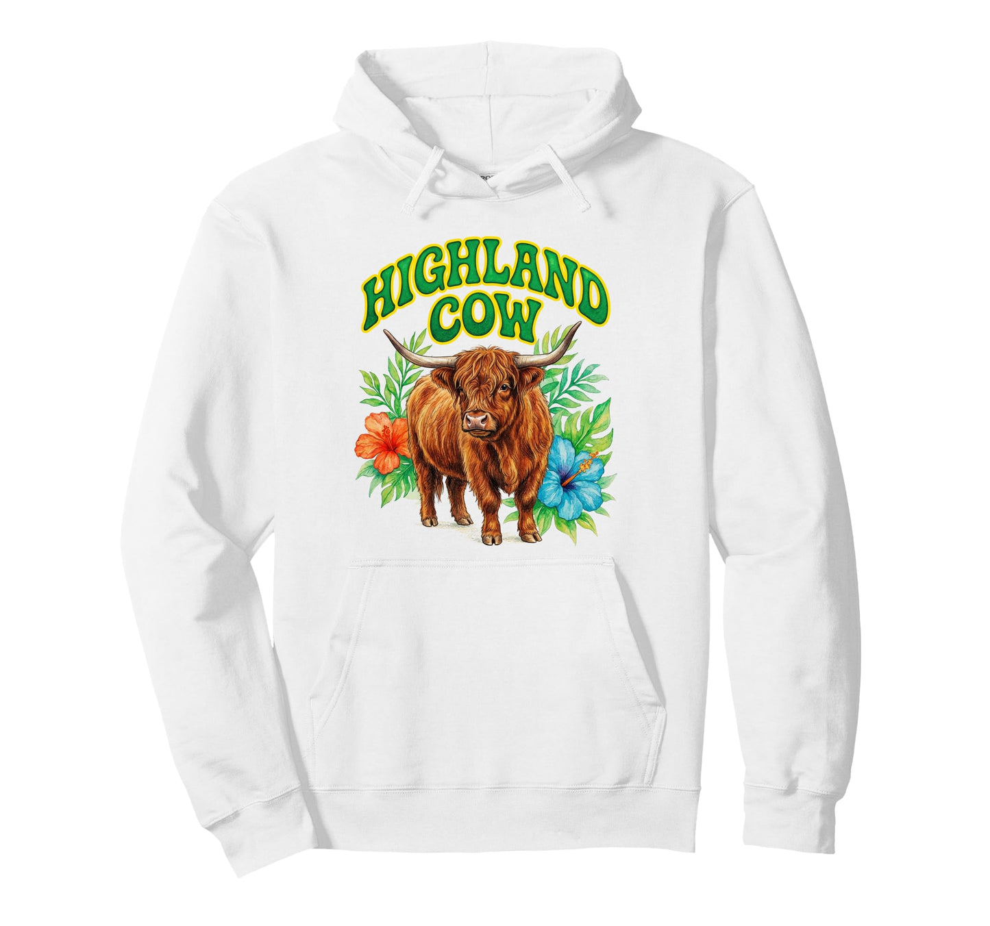Highland Cow Groovy Floral Watercolor Hoodie - Aesthetic Graphic Unisex - T-Shirt, Sweatshirt, Hoodie