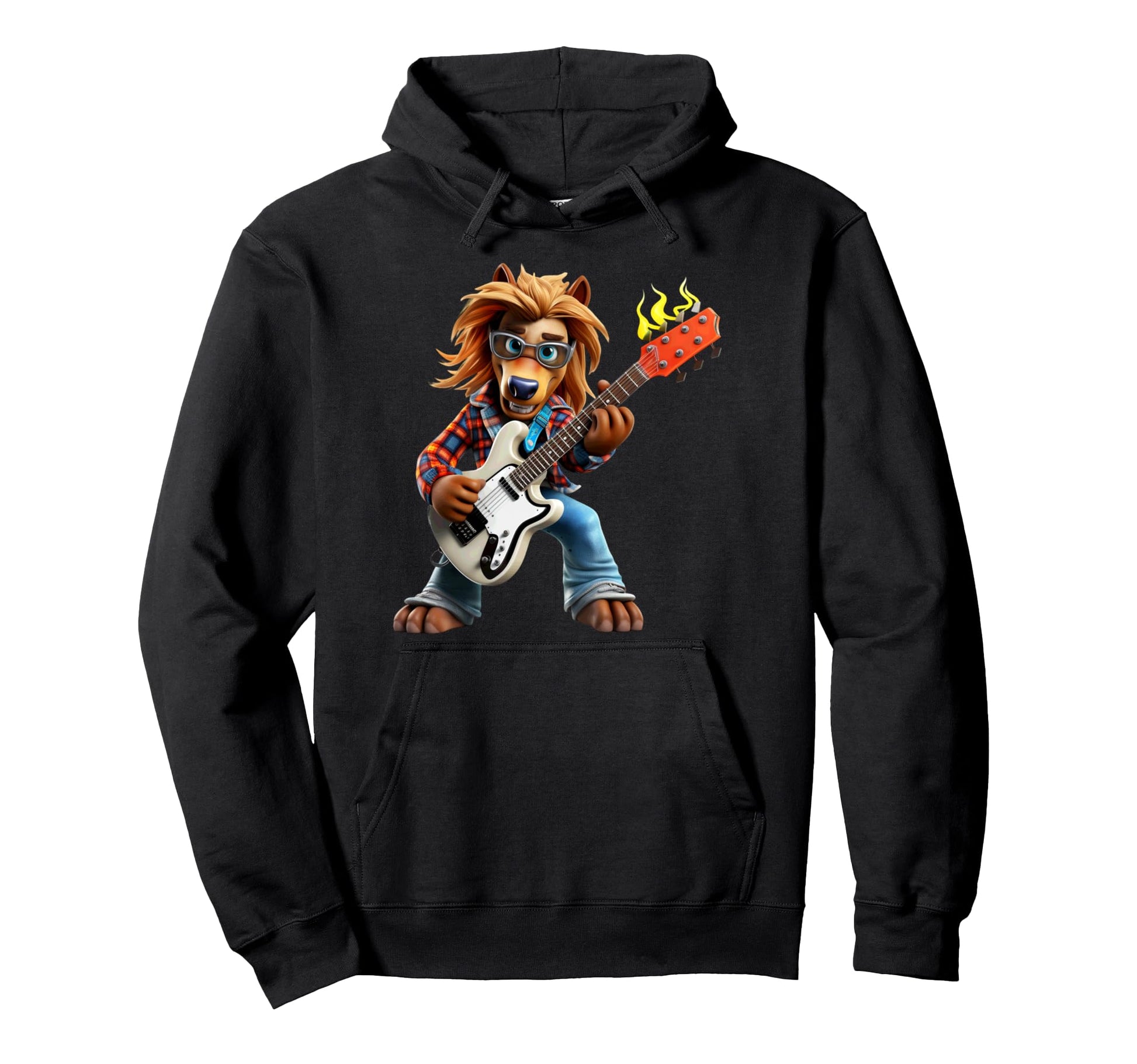 Lion Guitarist Rock Music Player Hoodie - Custom Art Print Men Women - T-Shirt, Sweatshirt, Hoodie