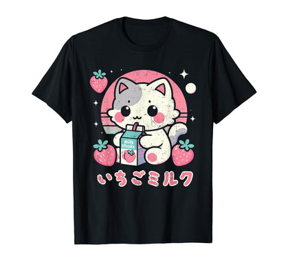 Cat Strawberry Milk Anime Kawaii T-Shirt - Minimalist Print Men Women - T-Shirt, Sweatshirt, Hoodie