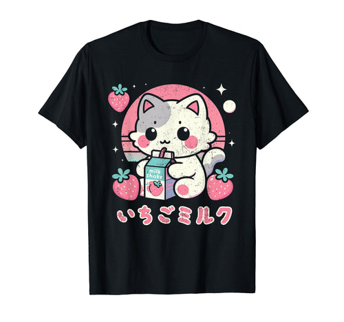 Cat Strawberry Milk Anime Kawaii T-Shirt - Minimalist Print Men Women - T-Shirt, Sweatshirt, Hoodie