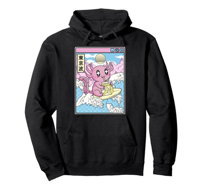 Surfing Axolotl Drinking Banana Milk Hoodie - Custom Art Print Unisex - T-Shirt, Sweatshirt, Hoodie