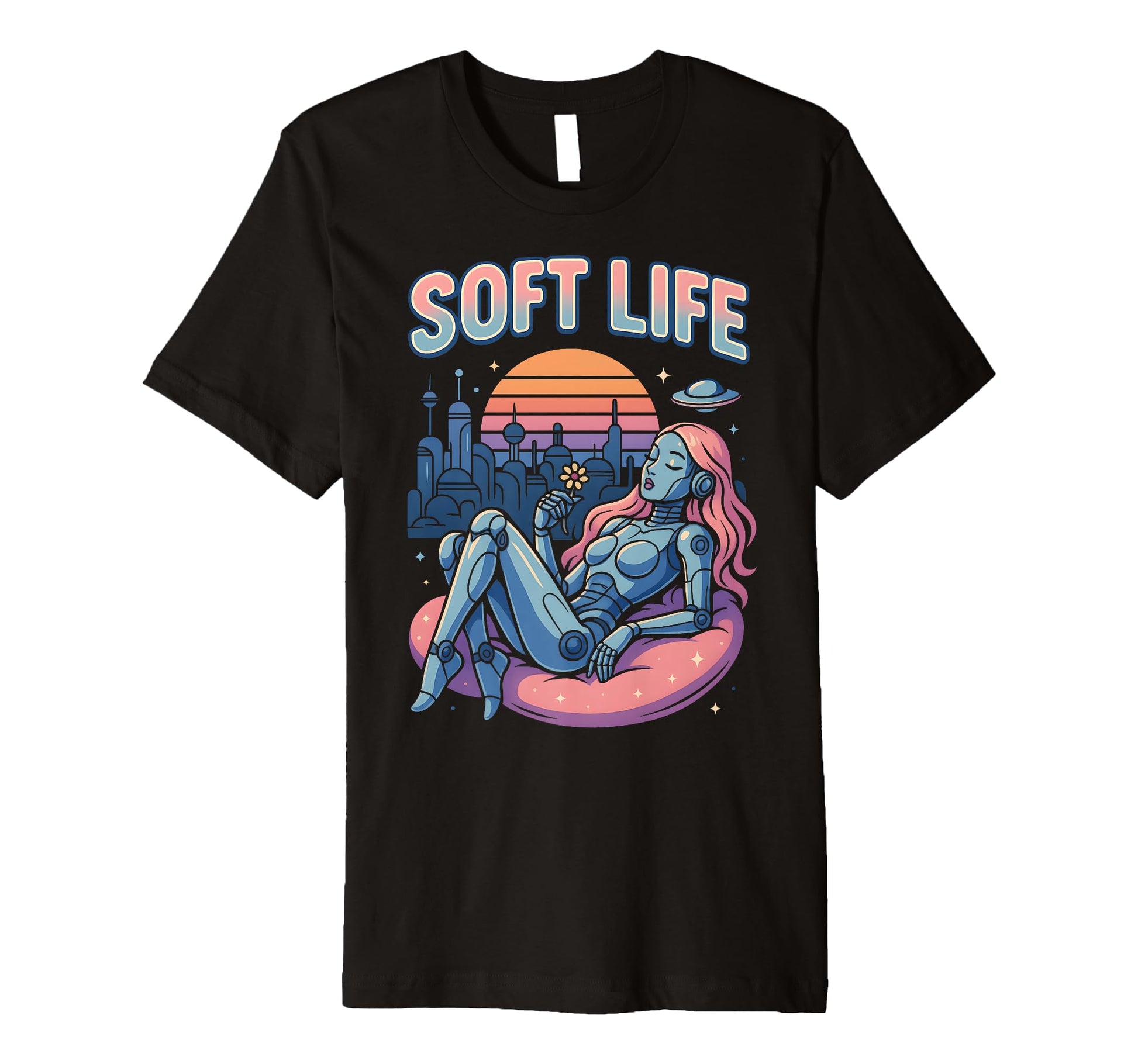 Soft Life Robot Retrofuture City Y2K T-Shirt - Unique Graphic Unisex - T-Shirt, Sweatshirt, Hoodie