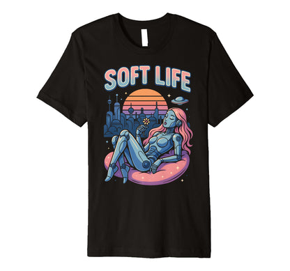 Soft Life Robot Retrofuture City Y2K T-Shirt - Unique Graphic Unisex - T-Shirt, Sweatshirt, Hoodie