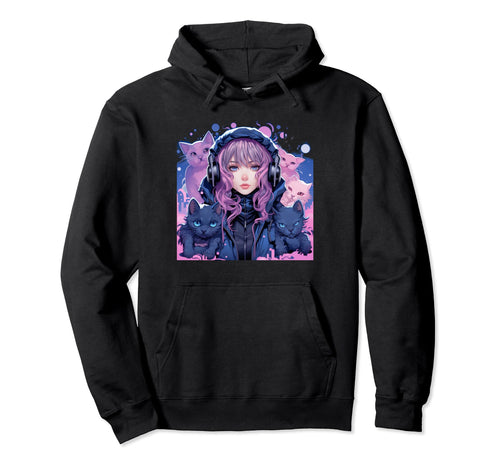 Pastel Goth Anime Art Aesthetic Cat Hoodie - Unique Graphic for Adults - T-Shirt, Sweatshirt, Hoodie