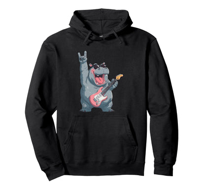 Hippo Rock Music Guitarist Funny Animal Hoodie - Custom Art Print Unisex - T-Shirt, Sweatshirt, Hoodie