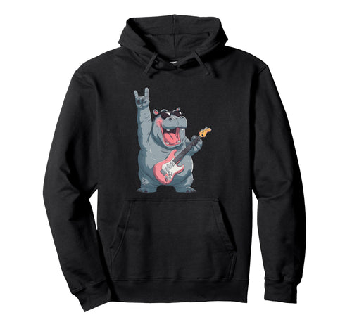 Hippo Rock Music Guitarist Funny Animal Hoodie - Custom Art Print Unisex - T-Shirt, Sweatshirt, Hoodie