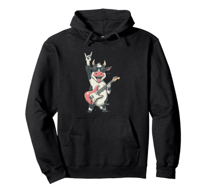 Cow Rock Music Guitar Player Funny Hoodie - Streetwear Style Men Women - T-Shirt, Sweatshirt, Hoodie