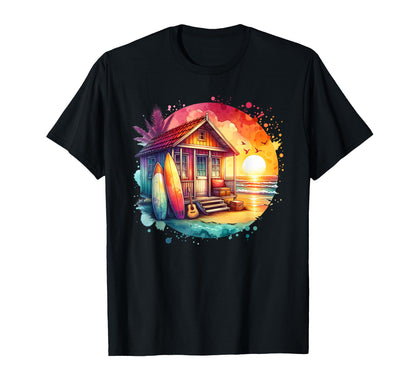 Beach Sunset Palm Trees Surf Shack T-Shirt - Unique Graphic Men Women - T-Shirt, Sweatshirt, Hoodie