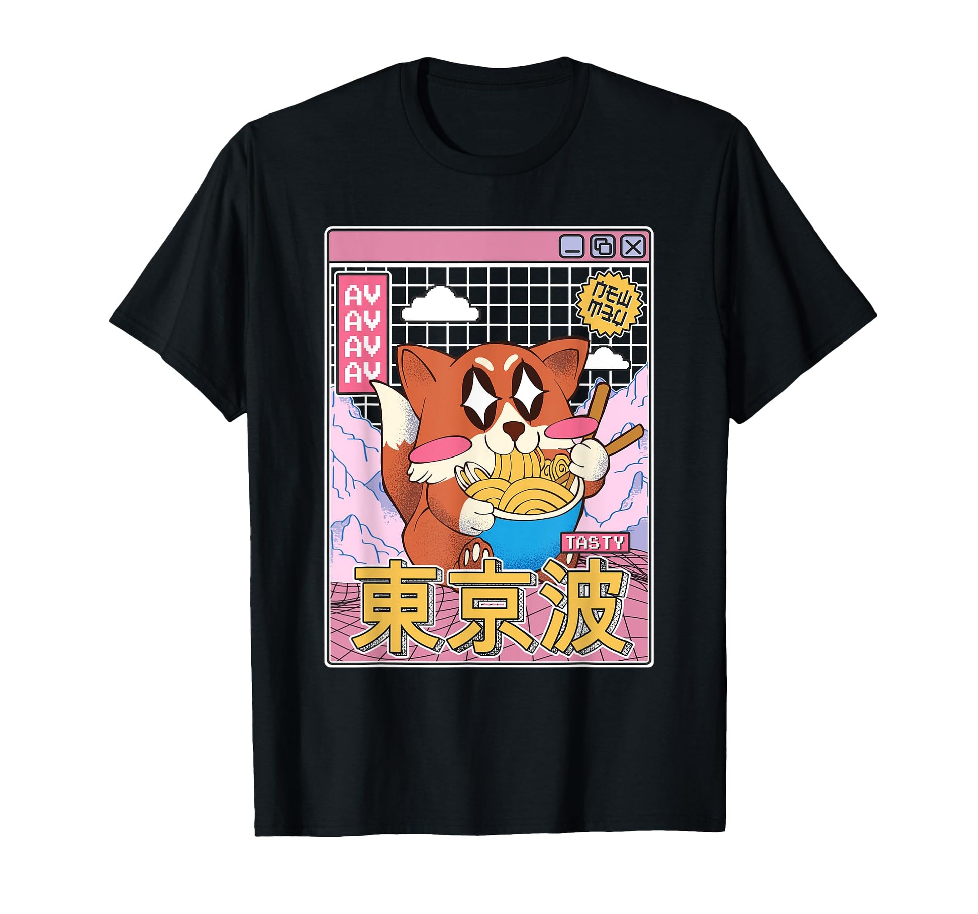 Happy Fox Eating Ramen Vaporwave T-Shirt - Streetwear Style Unisex - T-Shirt, Sweatshirt, Hoodie