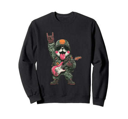 Funny Rock Dog Military Dog Guitarist Sweatshirt - Graphic Print Unisex - T-Shirt, Sweatshirt, Hoodie
