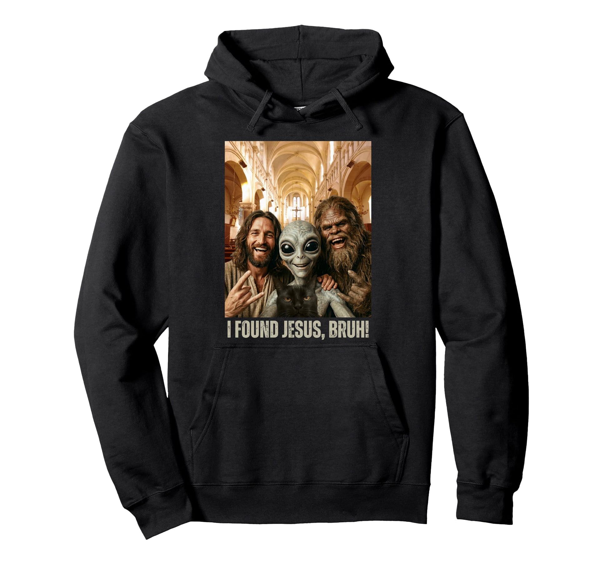 Bruh Bigfoot Alien Jesus Rock Hand Hoodie - Custom Art Print Men Women - T-Shirt, Sweatshirt, Hoodie