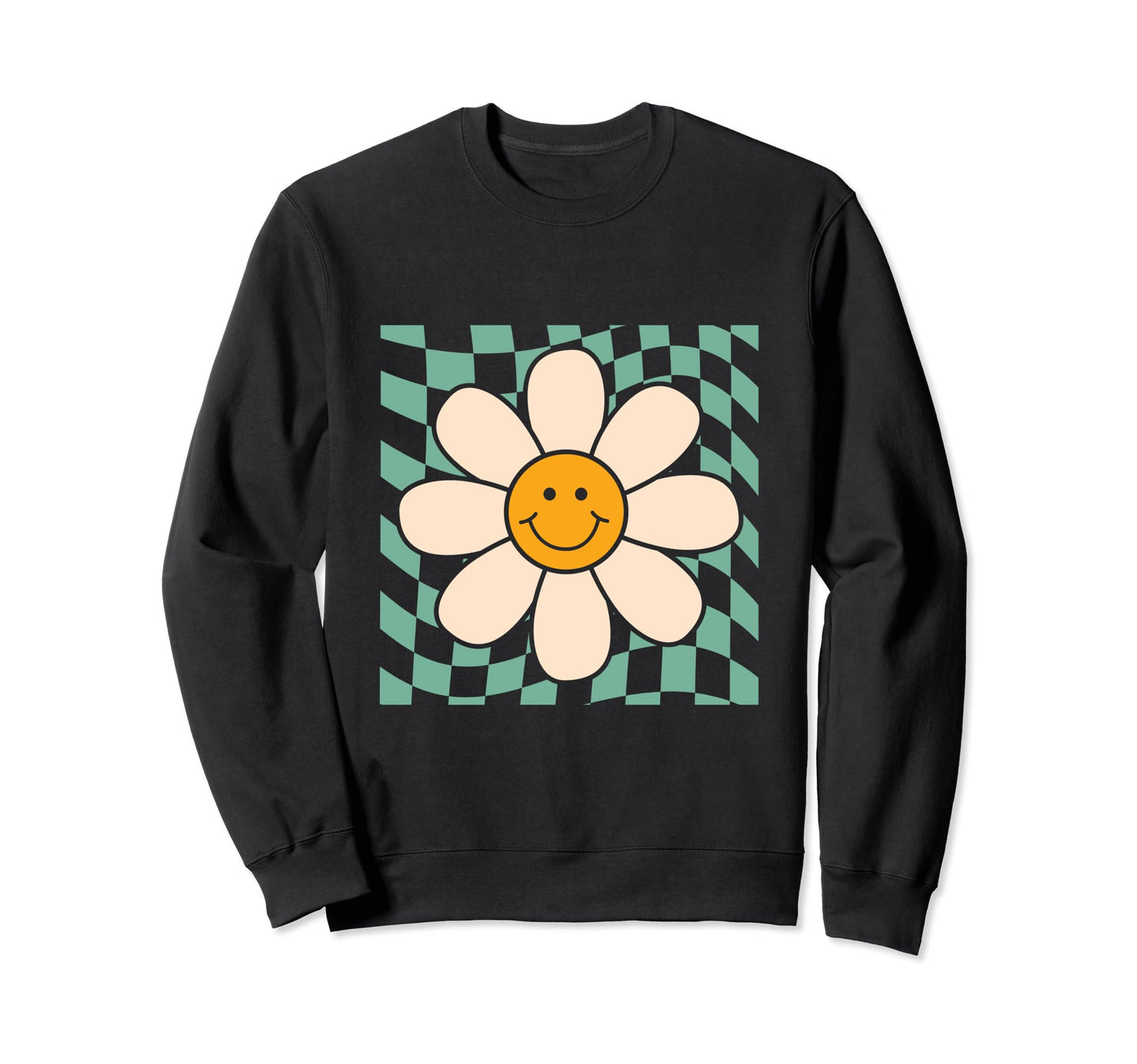 Smiling Daisy Flower Checkered Sweatshirt - Unique Graphic for Adults - T-Shirt, Sweatshirt, Hoodie