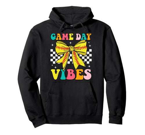 Game Day Vibes Coquette Bow Softball Mama Hoodie - Aesthetic Graphic Unisex - T-Shirt, Sweatshirt, Hoodie