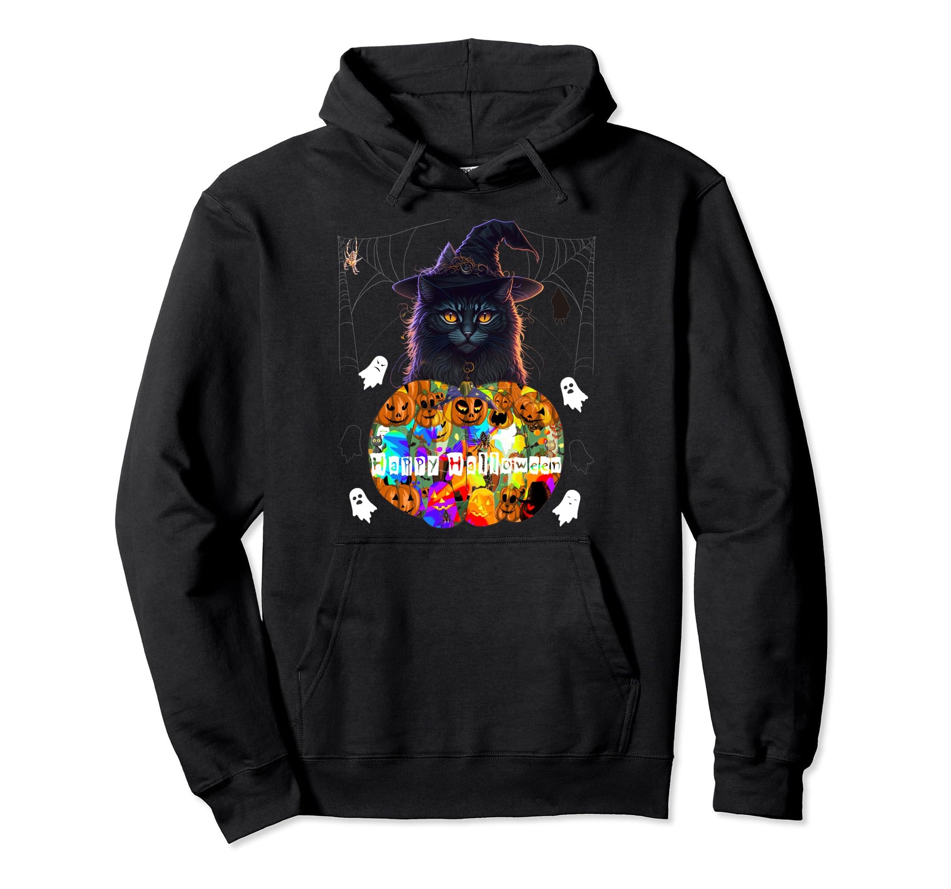 Happy Halloween Creepy Witch Black Hoodie - Aesthetic Graphic for Adults - T-Shirt, Sweatshirt, Hoodie
