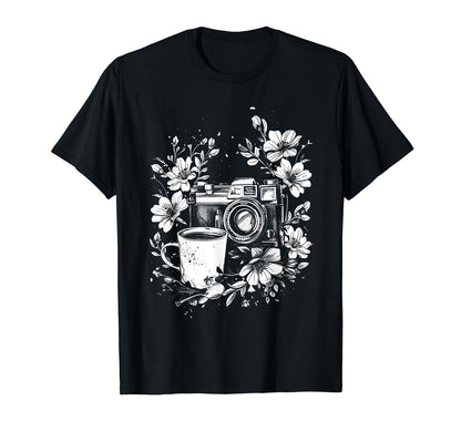 Photographer Coffee Camera Flowers T-Shirt - Trendy Graphic Unisex - T-Shirt, Sweatshirt, Hoodie