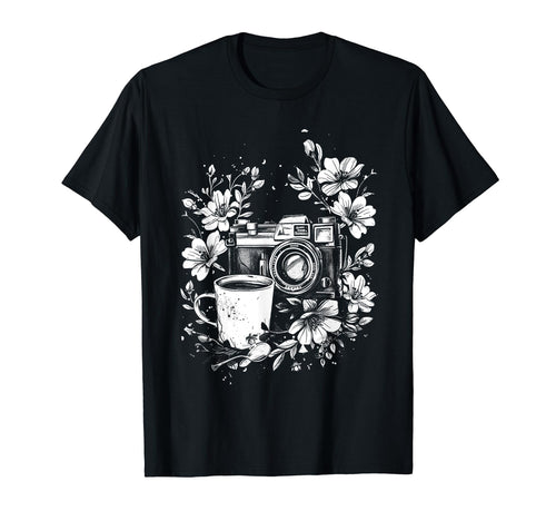 Photographer Coffee Camera Flowers T-Shirt - Trendy Graphic Unisex - T-Shirt, Sweatshirt, Hoodie
