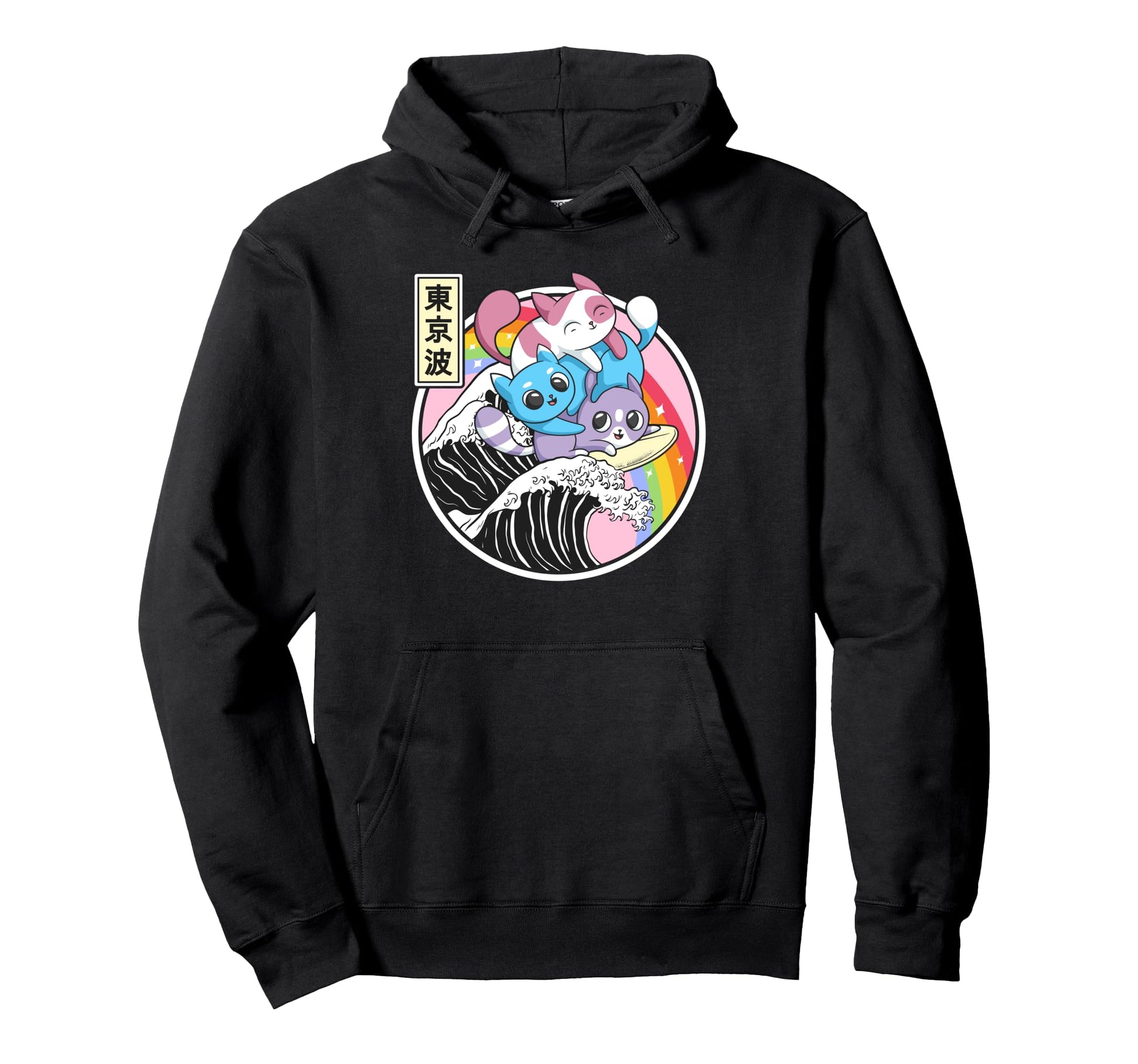 Playing Cats Surfing Kanagawa Wave Hoodie - Aesthetic Graphic Men Women - T-Shirt, Sweatshirt, Hoodie