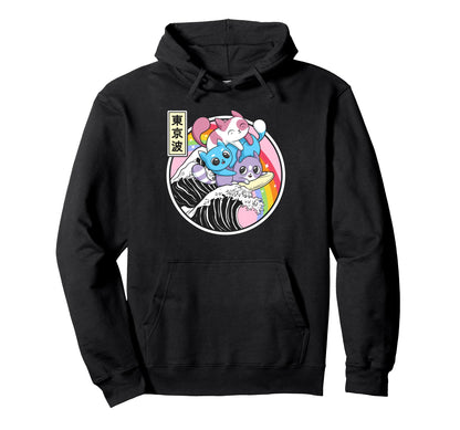 Playing Cats Surfing Kanagawa Wave Hoodie - Aesthetic Graphic Men Women - T-Shirt, Sweatshirt, Hoodie