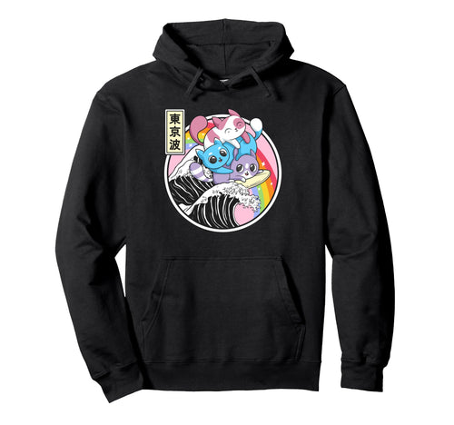 Playing Cats Surfing Kanagawa Wave Hoodie - Aesthetic Graphic Men Women - T-Shirt, Sweatshirt, Hoodie