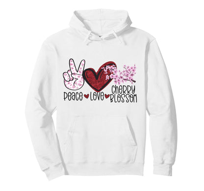 Peace Love Cherry Blossom Branch Sakura Hoodie - Graphic Print Unisex - T-Shirt, Sweatshirt, Hoodie