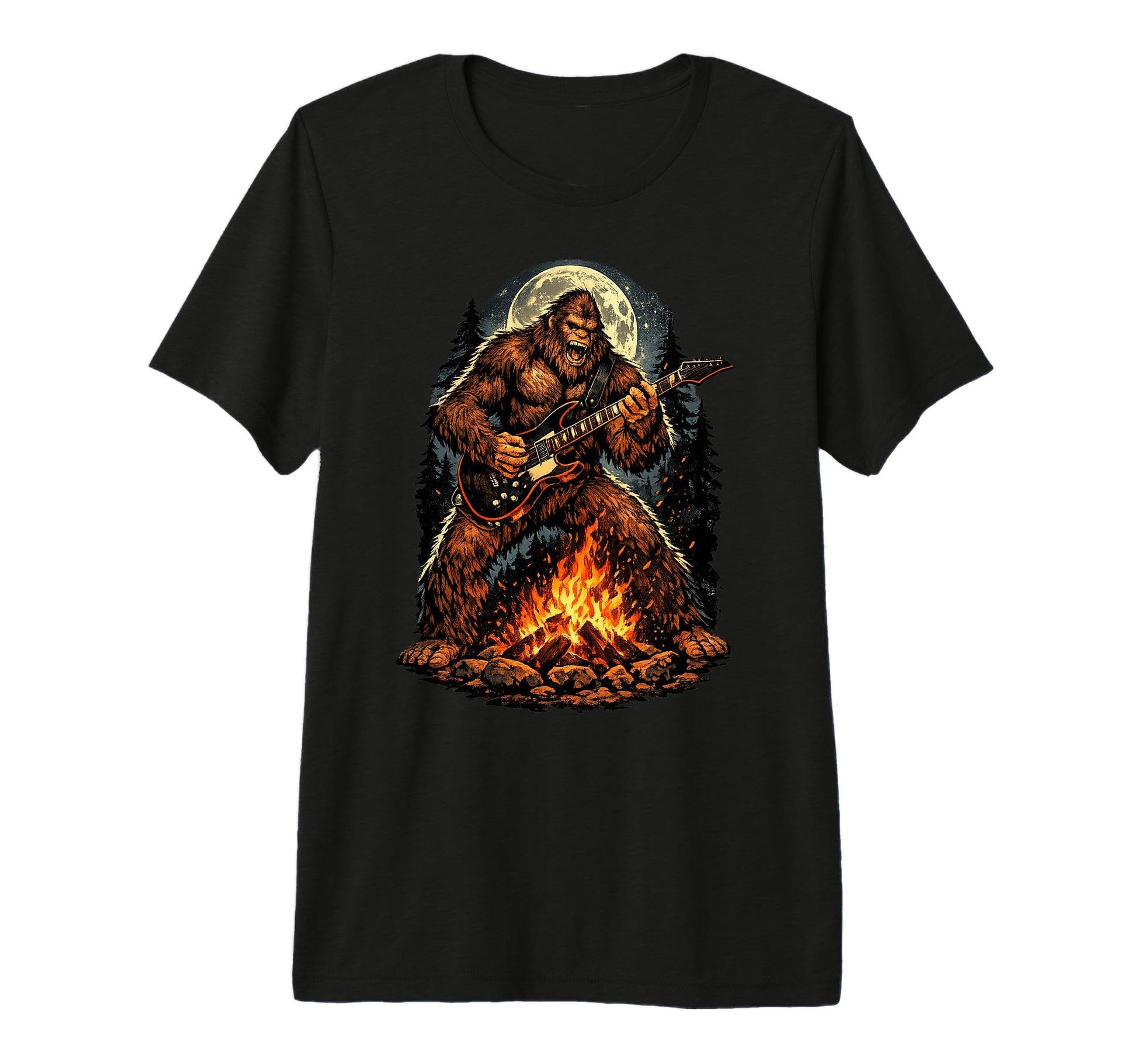 Bigfoot Playing Guitar Campfire T-Shirt - Streetwear Style for Adults - T-Shirt, Sweatshirt, Hoodie