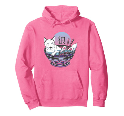 Vaporwave Wolf Ramen Bowl Japanese Hoodie - Aesthetic Graphic Unisex - T-Shirt, Sweatshirt, Hoodie