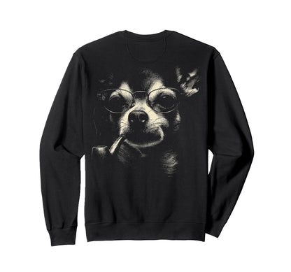 Chihuahua Smoking Pipe Glasses Sweatshirt - Casual Everyday Wear Unisex - T-Shirt, Sweatshirt, Hoodie
