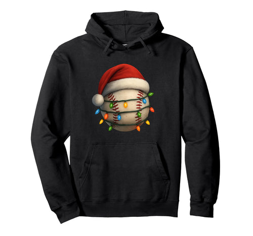 Baseball Santa Hat Lights Funny Holiday Hoodie - Graphic Print Unisex - T-Shirt, Sweatshirt, Hoodie