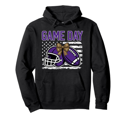 Game Day Football Bow Purple Mom Mama Hoodie - Graphic Print for Adults - T-Shirt, Sweatshirt, Hoodie
