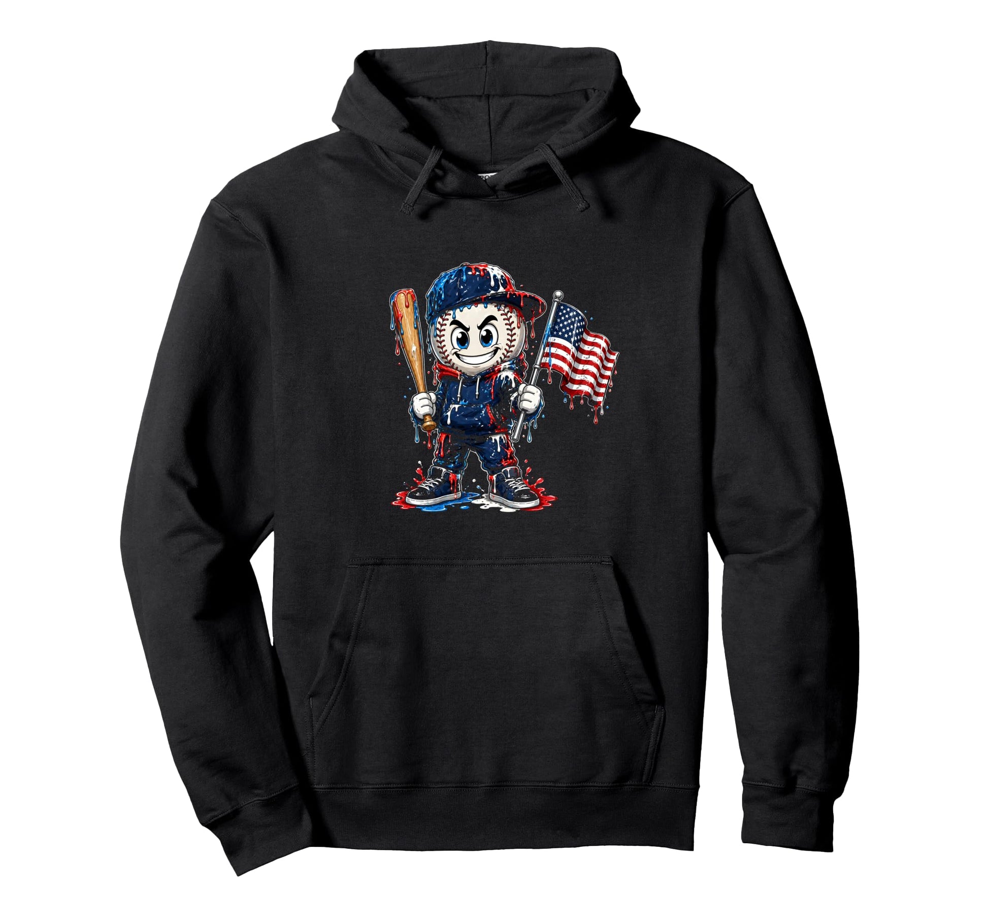 American Flag Dripping Baseball Hoodie - Casual Everyday Wear Men Women - T-Shirt, Sweatshirt, Hoodie