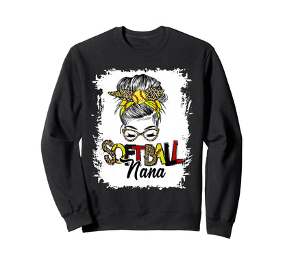 Softball Nana Life Leopard Messy Bun Sweatshirt - Aesthetic Graphic Unisex - T-Shirt, Sweatshirt, Hoodie