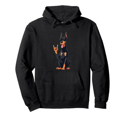 Doberman Pinscher Rock Hand Sign Hoodie - Fun Novelty Design for Adults - T-Shirt, Sweatshirt, Hoodie