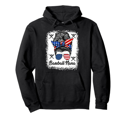 Baseball Nana Messy Bun Usa Flag Glasses Hoodie - Graphic Print Men Women - T-Shirt, Sweatshirt, Hoodie