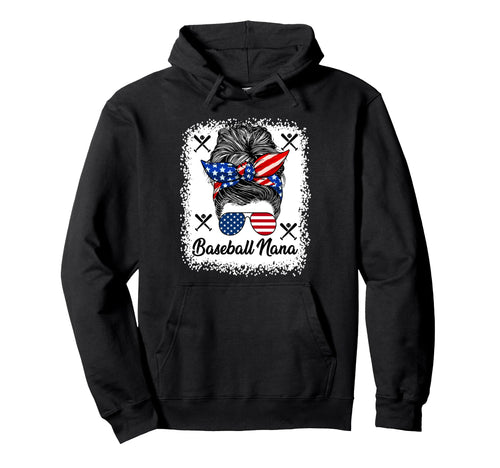 Baseball Nana Messy Bun Usa Flag Glasses Hoodie - Graphic Print Men Women - T-Shirt, Sweatshirt, Hoodie