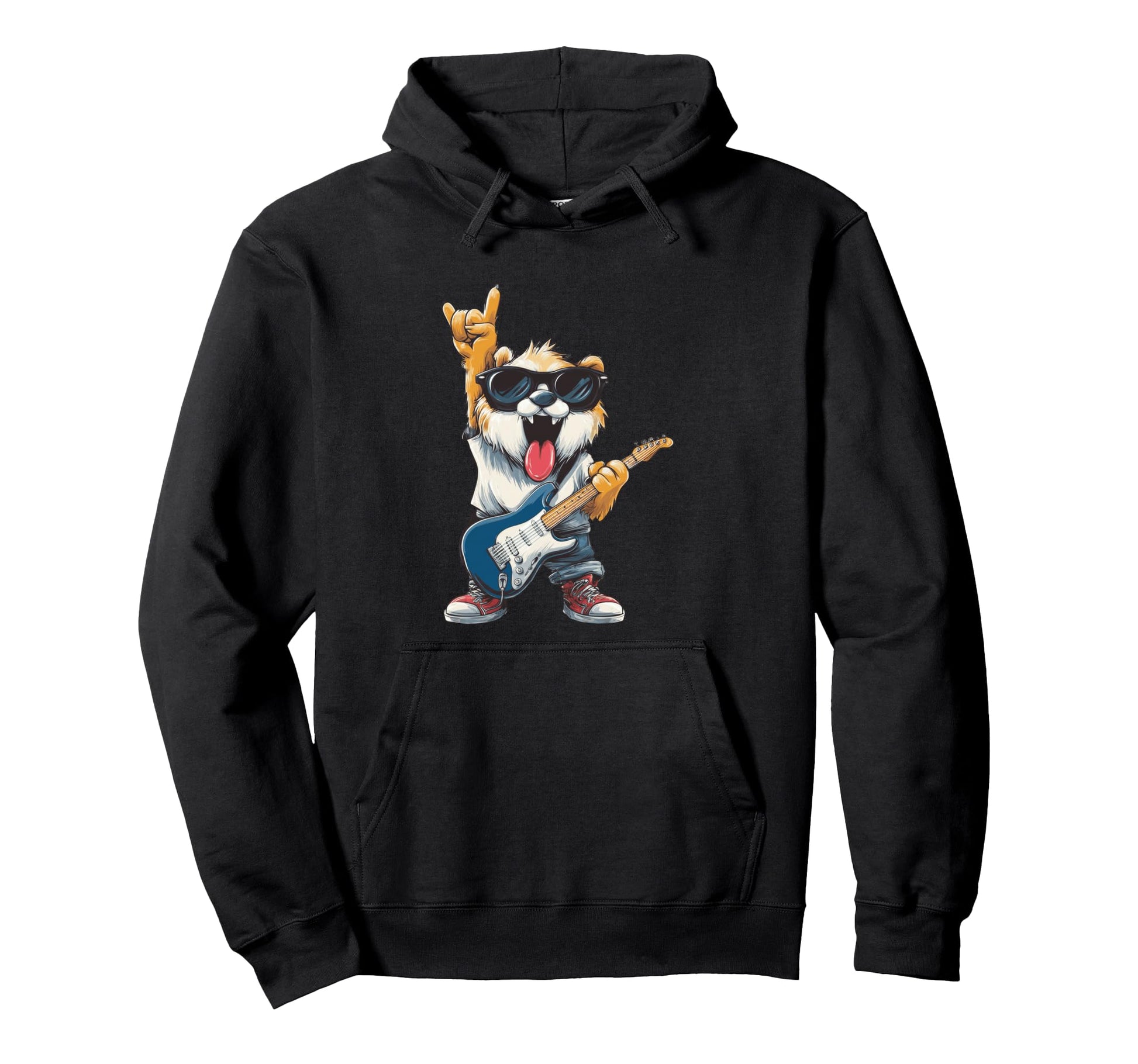 Funny Rock Dog Guitar Player Cartoon Hoodie - Minimalist Print for Adults - T-Shirt, Sweatshirt, Hoodie